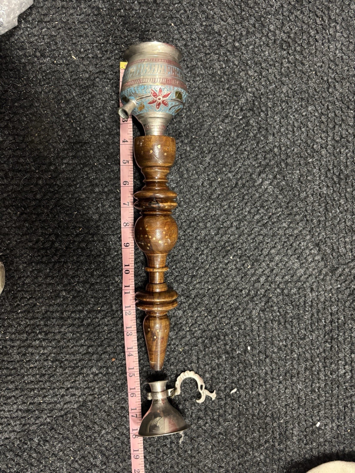 Vintage Ornate Brass Wood Hookah Pipe 16.5” Tall Pipe Boho Flower Decor