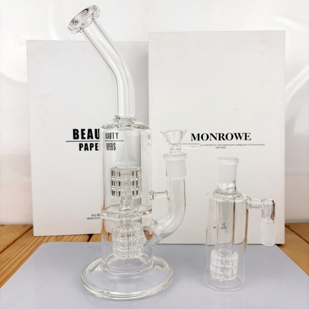 Premium 9&Prime; Double Perc Thick Glass Bong Pipe w/14mm 90° Ash Catcher USA Stock