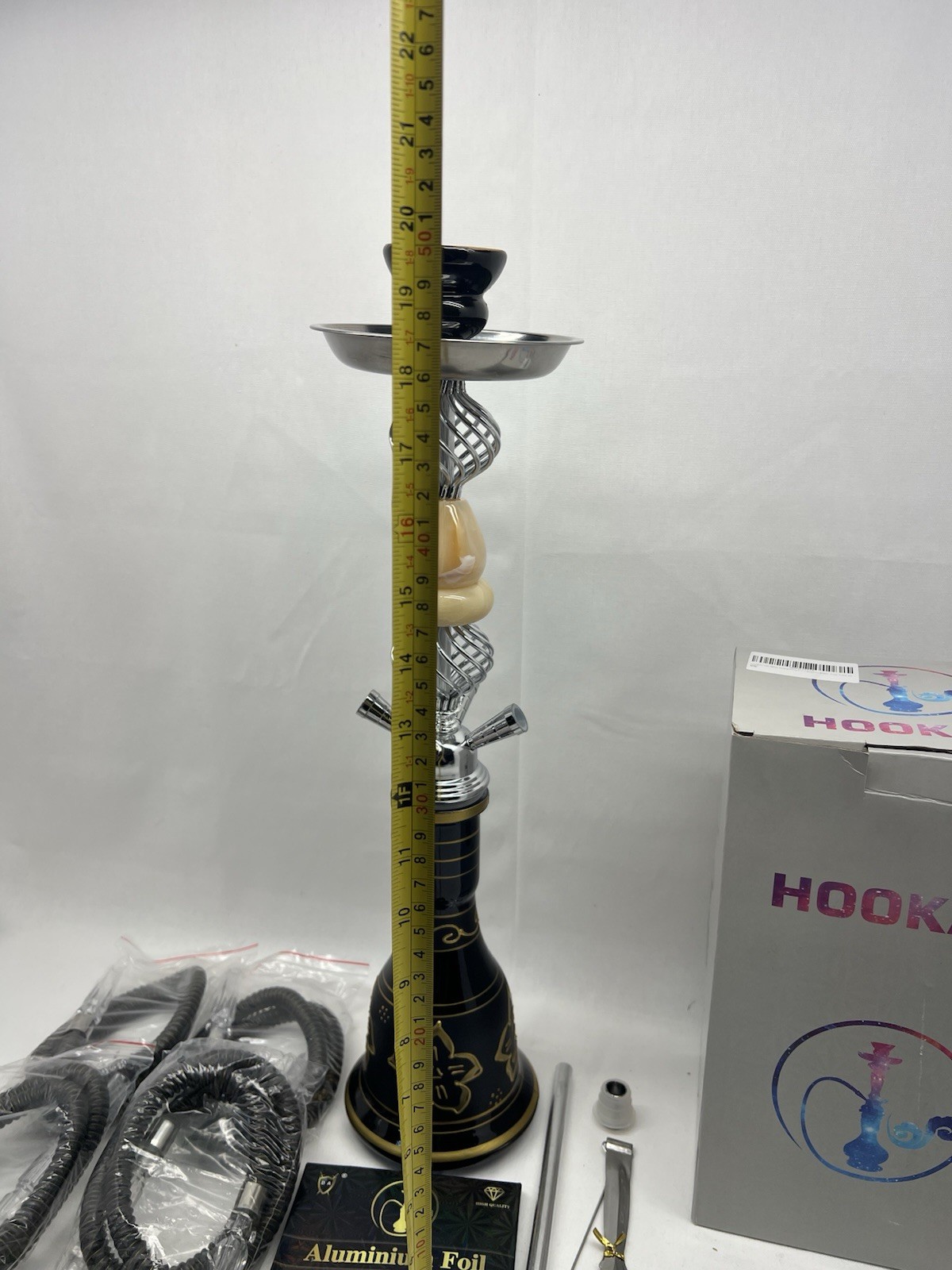 Hookah Glass & Ceramic Pipe Set with 4 Hoses, accessories – Black & White NEW