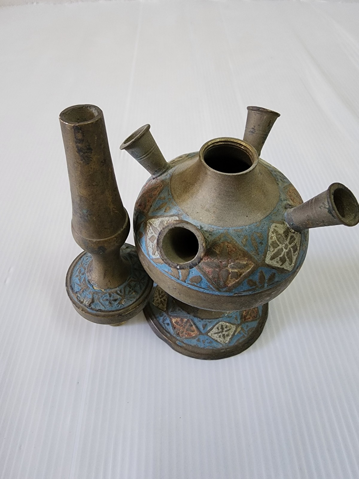 Vintage India Brass Hookah Enamel Geometric Floral 4-Spout Tulipiere Boho Decor