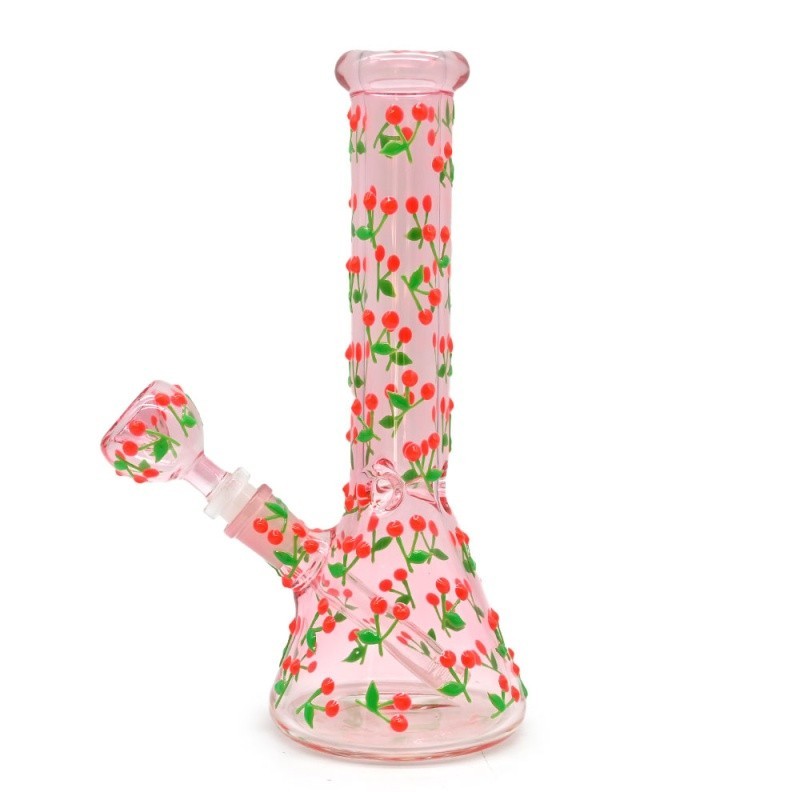 Pink 10&Prime; Cute Glass Bong Cherry Glow in the Dark Smoking Beaker Water Pipe Girly
