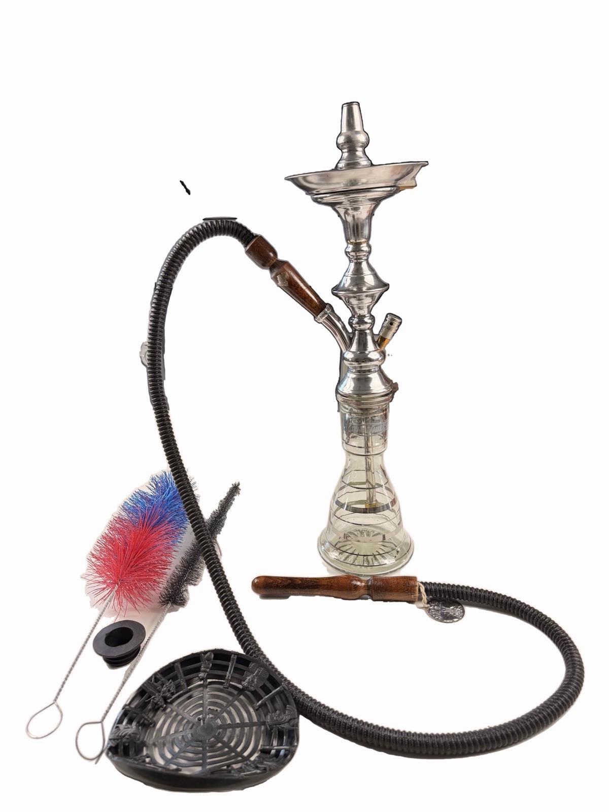 Khalil Mamoon Silver Chrome Hookah Egyptian Handmade Stainless w/ Hose & Tray
