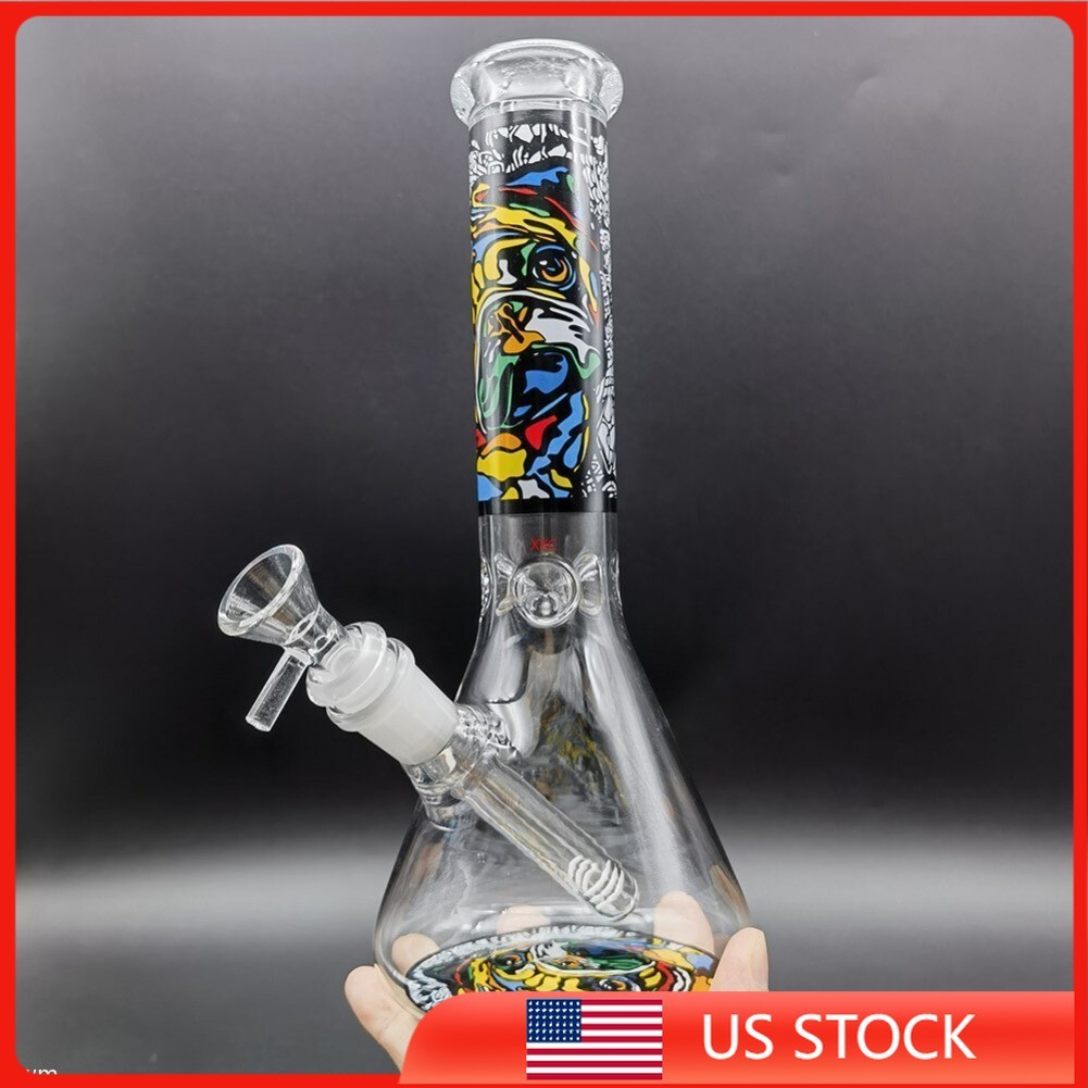 10&Prime; Abstract Dog Printed Glass Bong Smoking Hookah Water Pipe Bubbler 14mm Bowl.