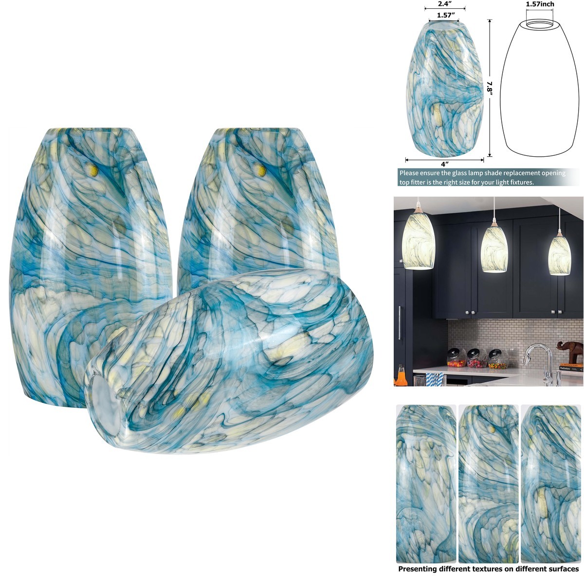 GO&SO Ink-blue Glass Lamp Shade 3Pcs,7.8&Prime; H X 4&Prime; D,Oval Pendant Light Shade