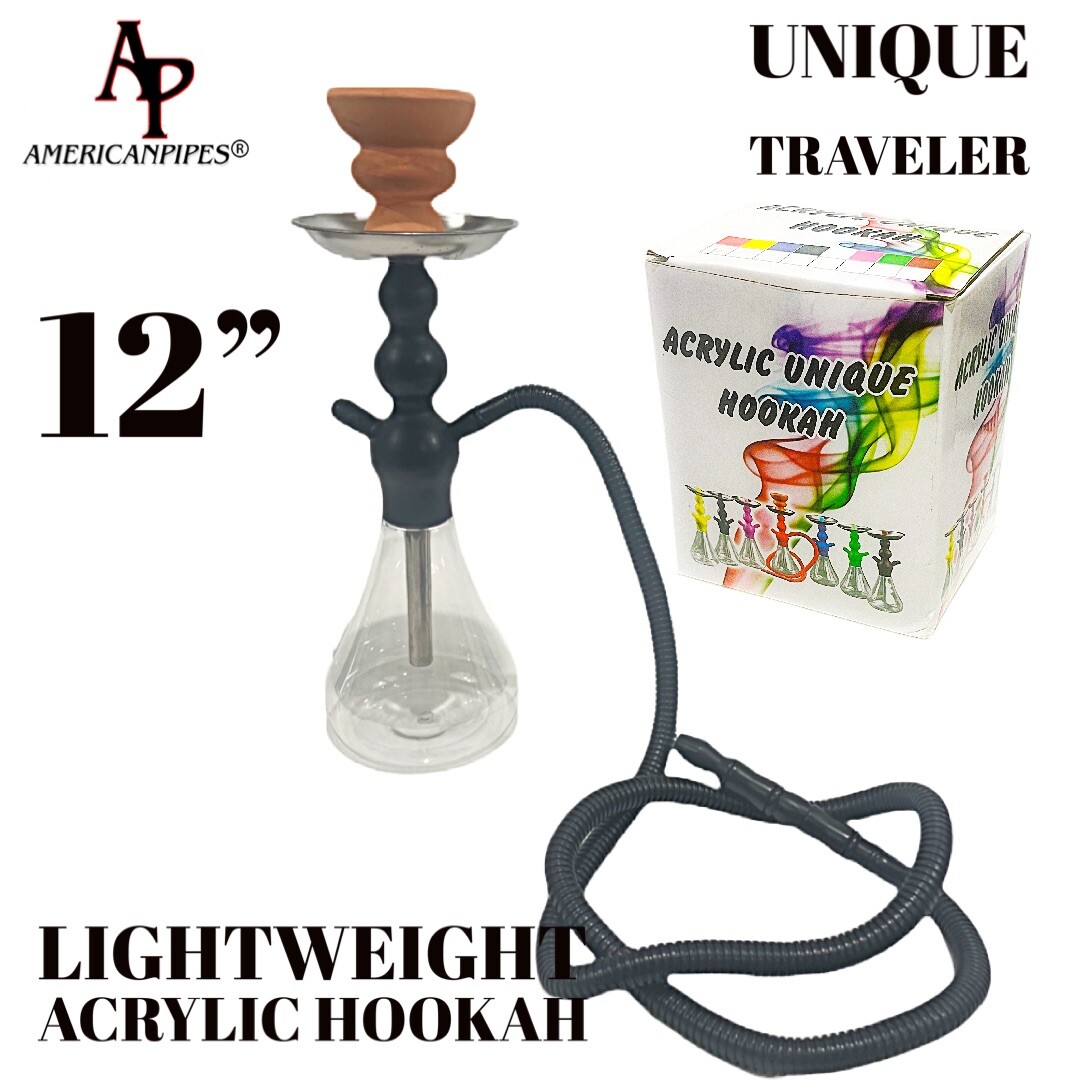 12&Prime; INHALE®️ BLACK ACRYLIC DISPOSABLE SMALL HOOKAH STAINLESS STEM &A CLAY BOWL
