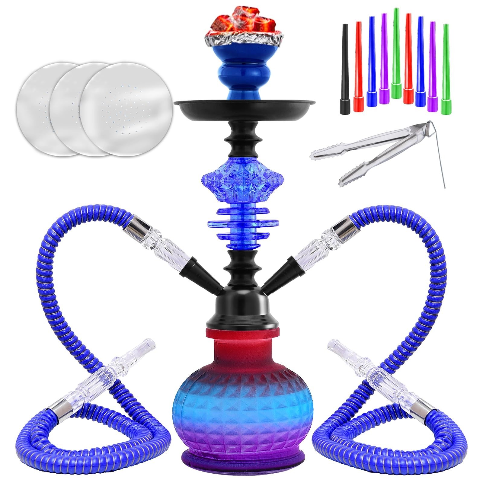 14&Prime; Premium 2-Hose Hookah Set – Portable Complete Kit with Case, 20 Tips, 50 Foi