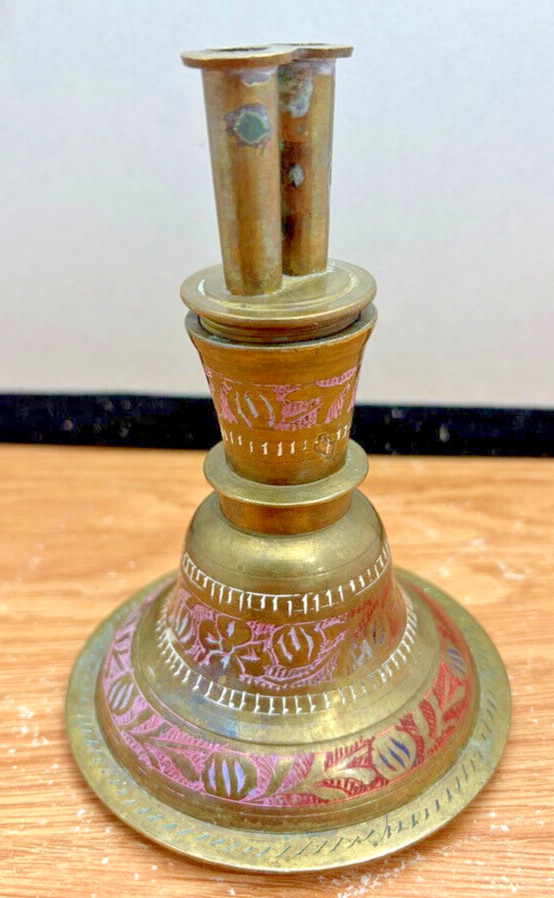 Antique Brass Hookah Base Painted and Engraved From Pakistan 6&Prime; x 4&Prime;