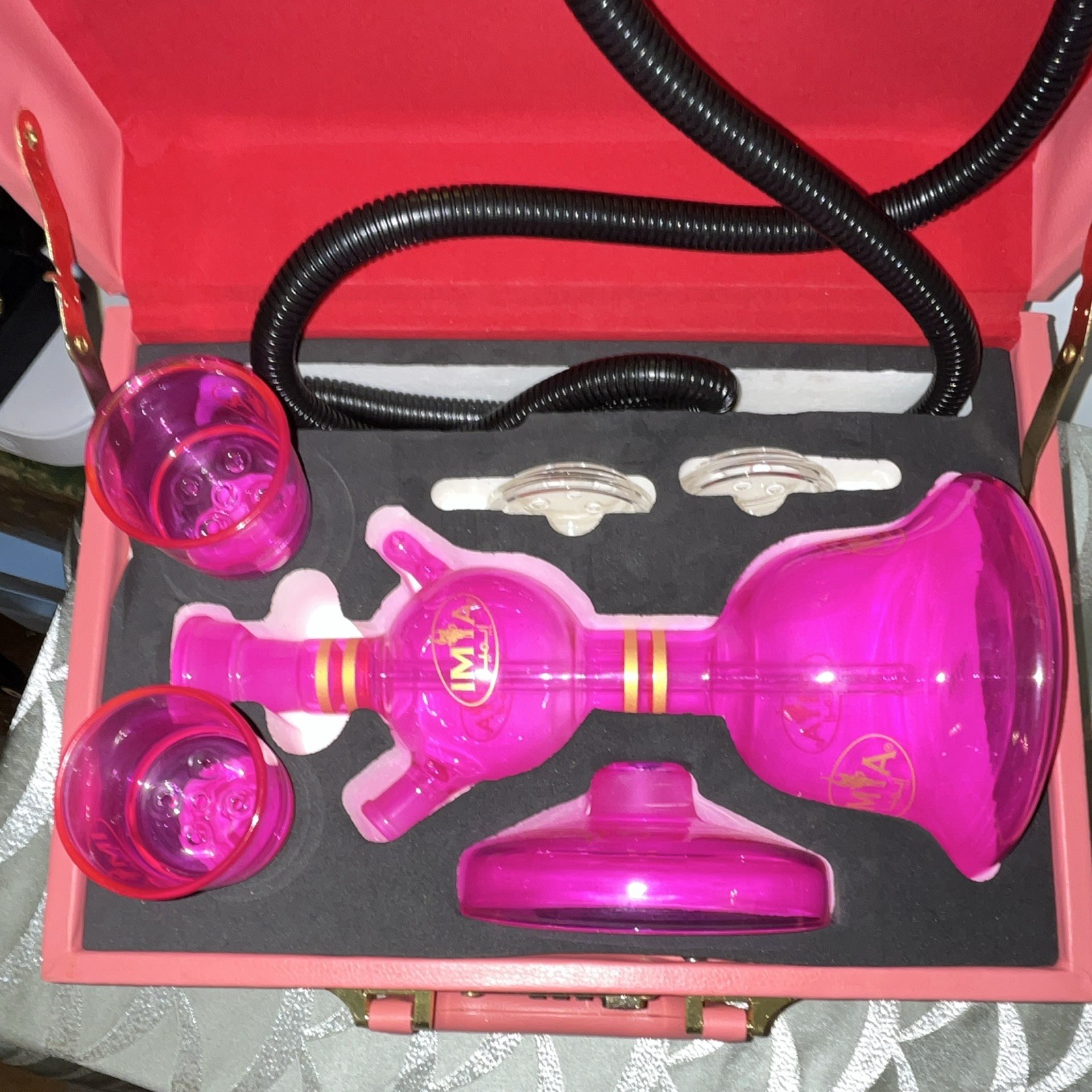 IMYA Pink Portable Glass Hookah Set 15” Shisha Complete Lock Hard Travel Case