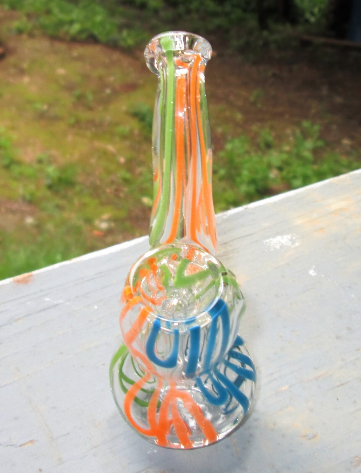 Sherlock Tobacco Pipe 4&Prime; Hand Blown Clear Blue Lime Green Orange Swirl Bubbler