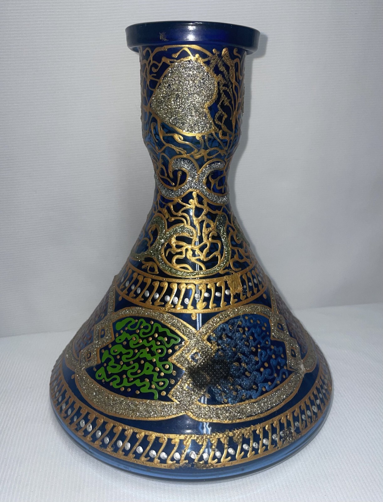 Syrain Hookah Flask Cone Shaped Cobalt Blue Glass Multi-Color 10 Inches High