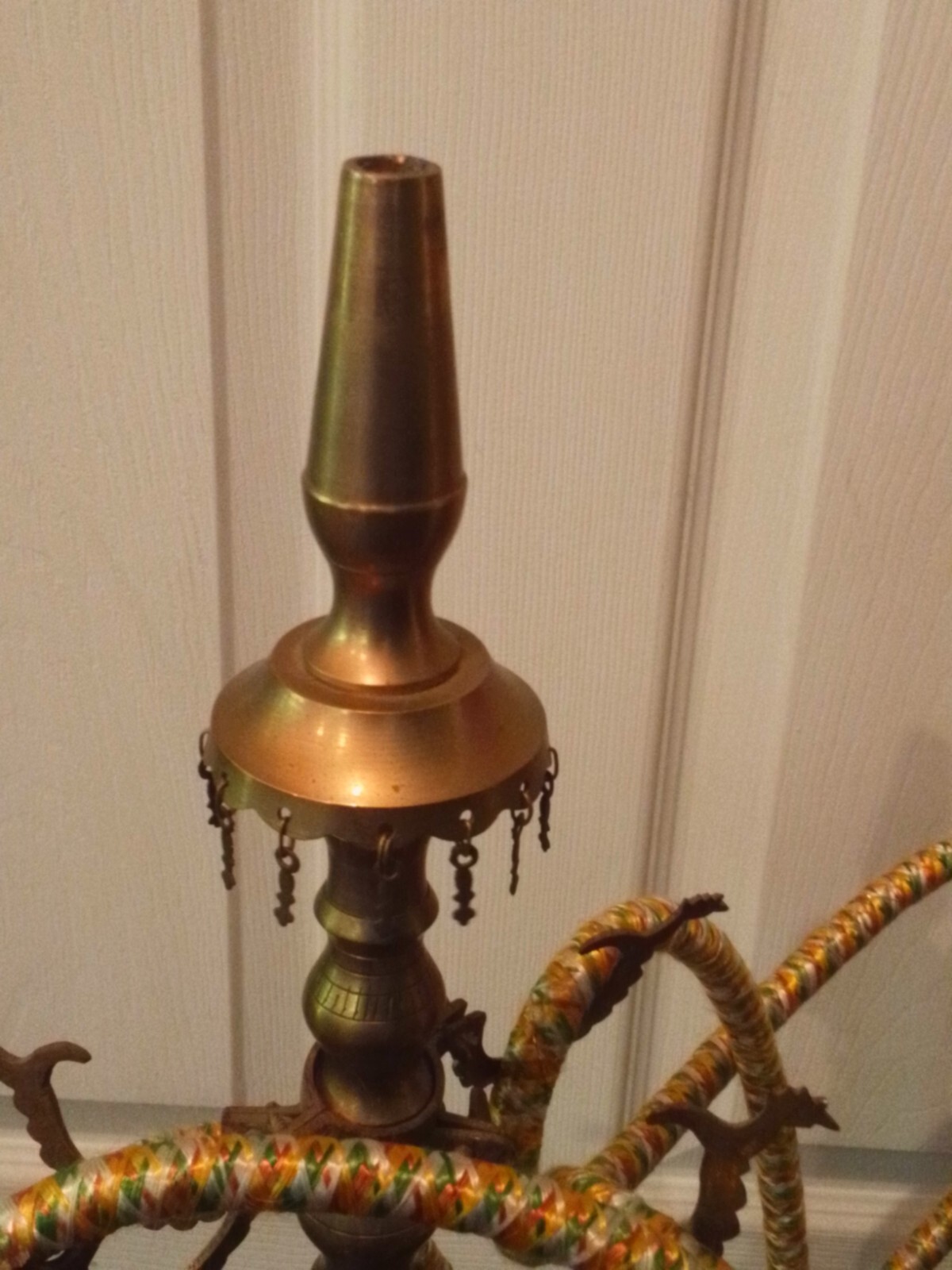 Vintage 1995 30&Prime; tall etched Brass hookah w/enamel floral decoration and 4 hoses