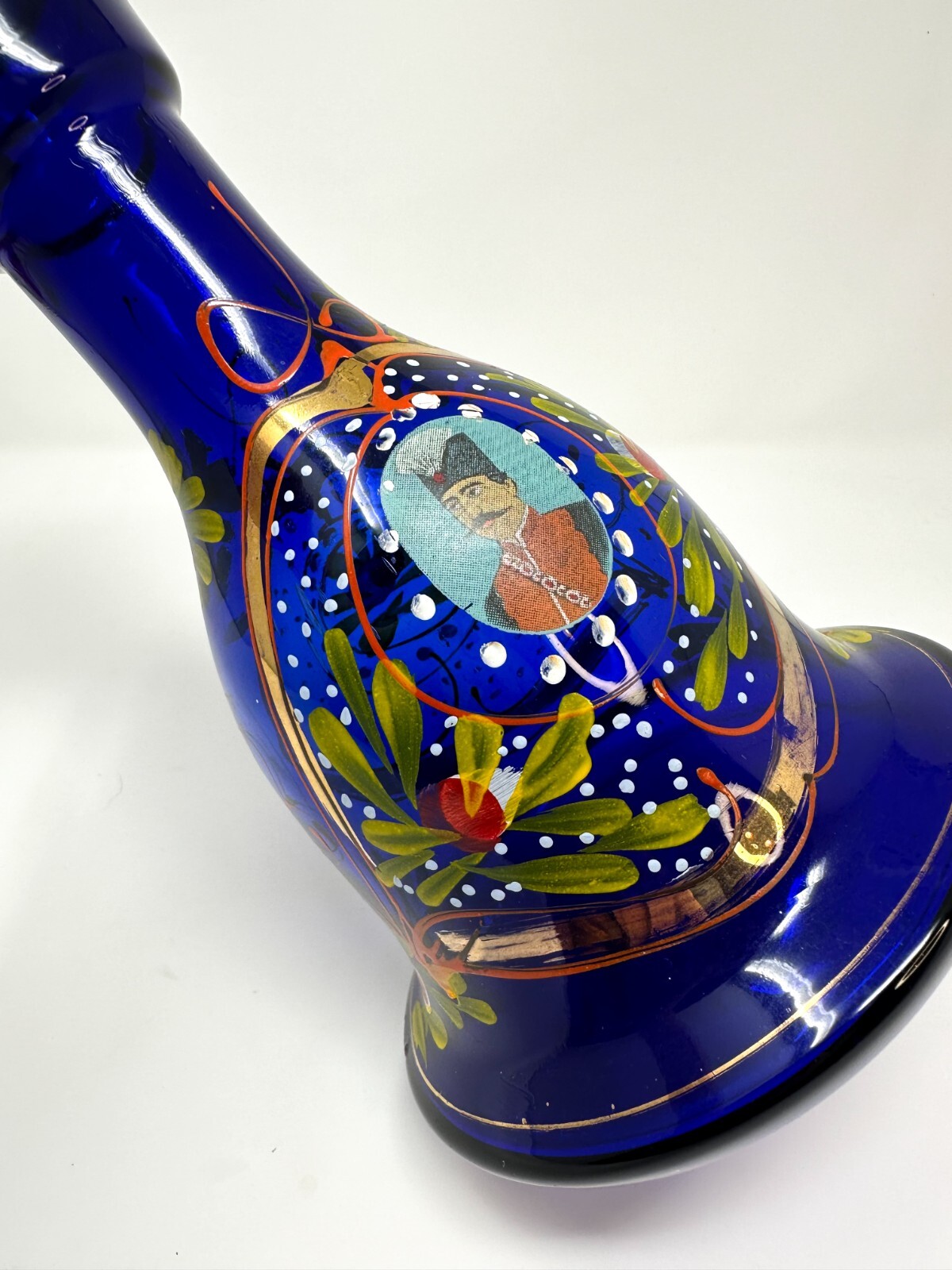 Antique Hand Painted Persian Hookah Glass Cobalt Blue Naser al-Din Shah 1870s