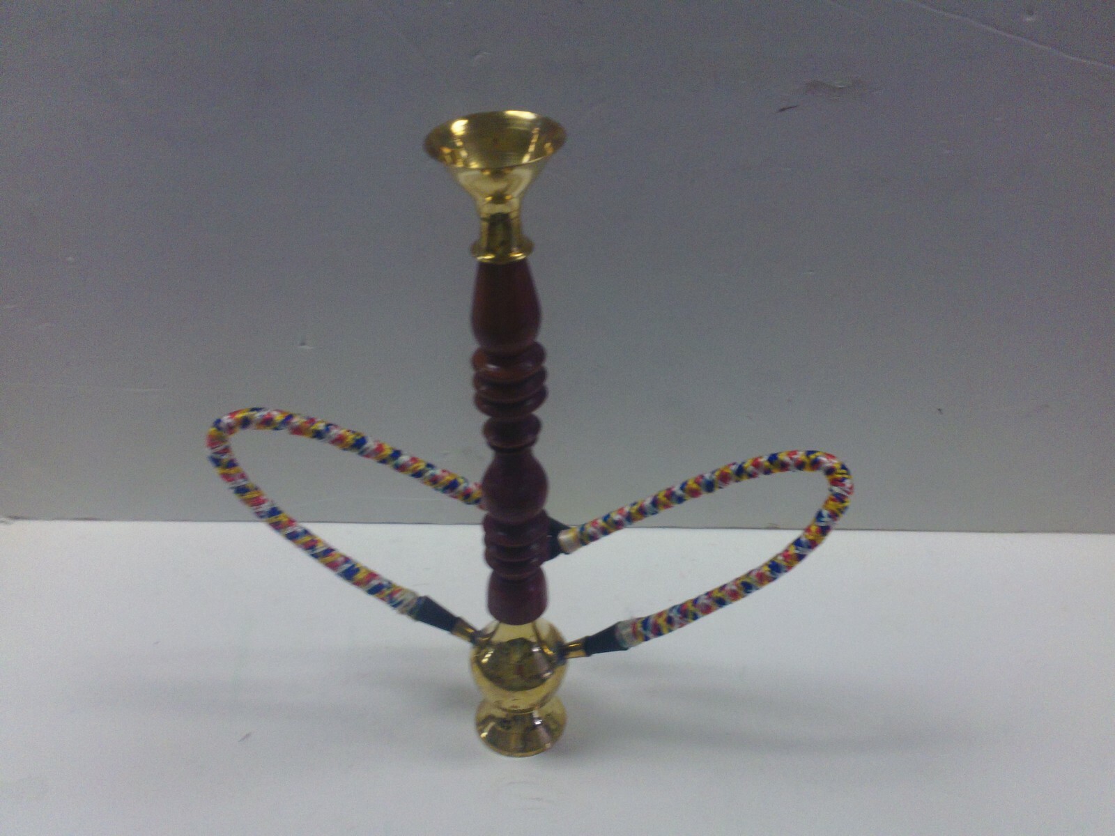 VINTAGE BRASS & WOOD 2 HOSES HOOKAH WATER PIPE 11&Prime; TALL BONG