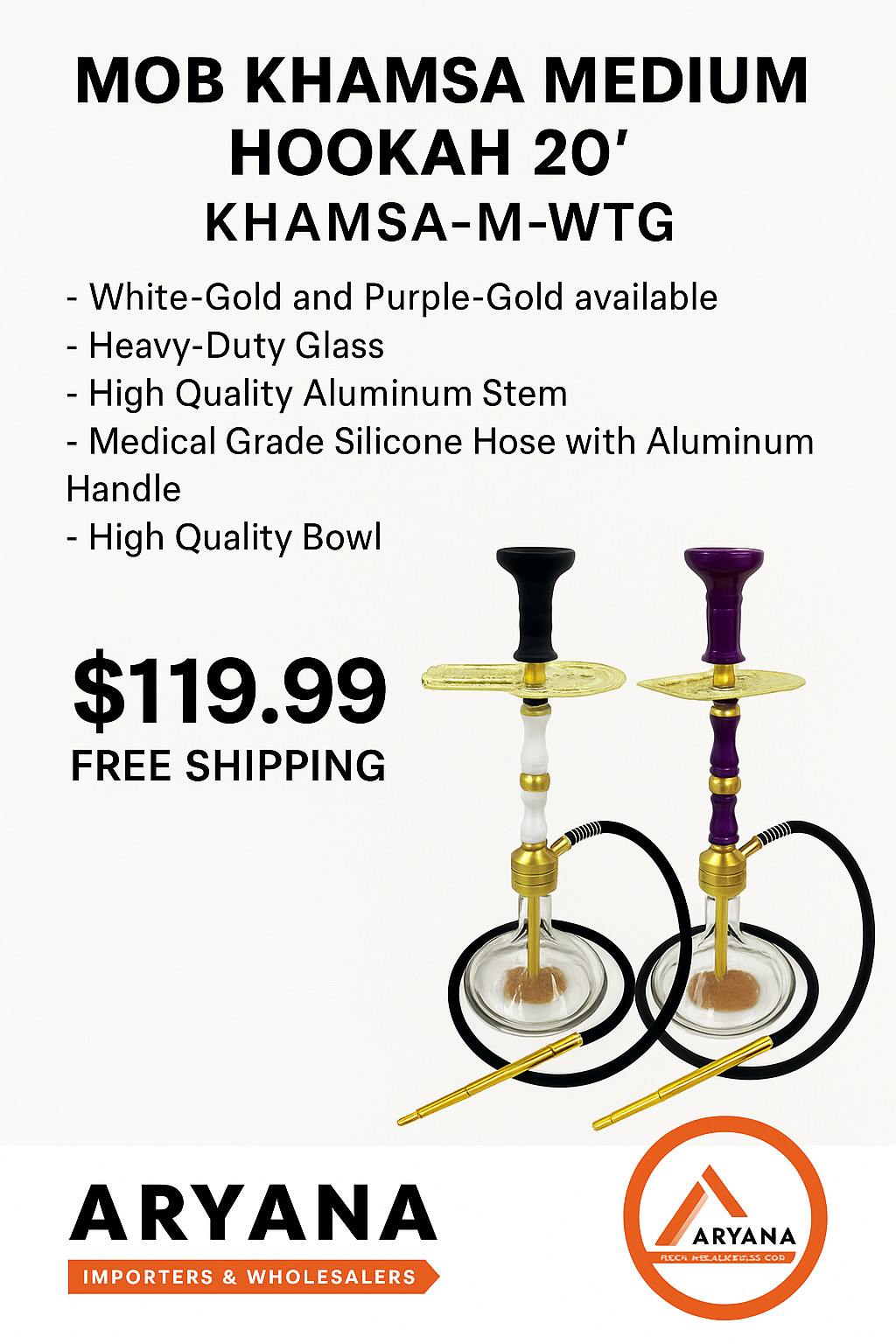 MOB Khamsa Medium Hookah – 20&Prime; | KHAMSA-M-WTG | White-Gold & Purple-Gold