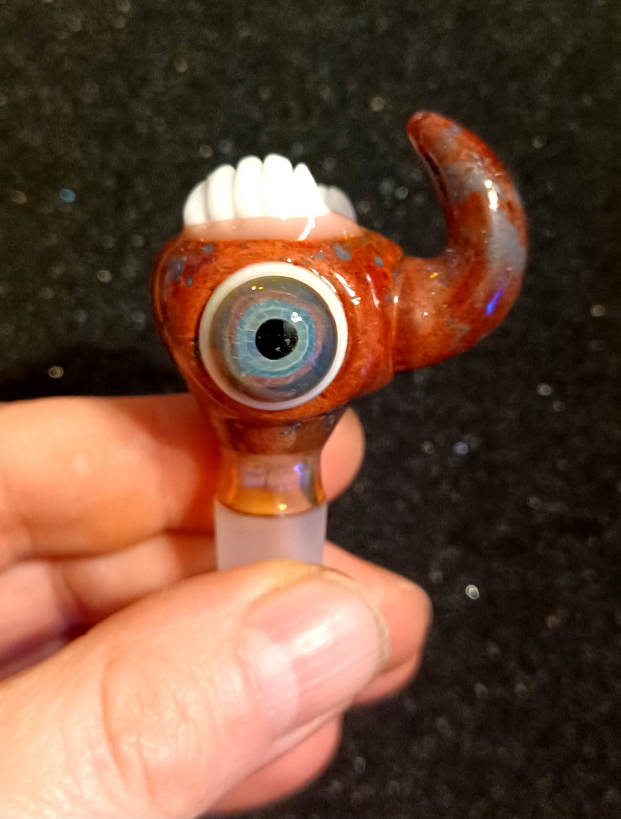 14mm Tobacco bowl Male Glass -Eyeball & Teeth- Horn Handle Art piece-USA made