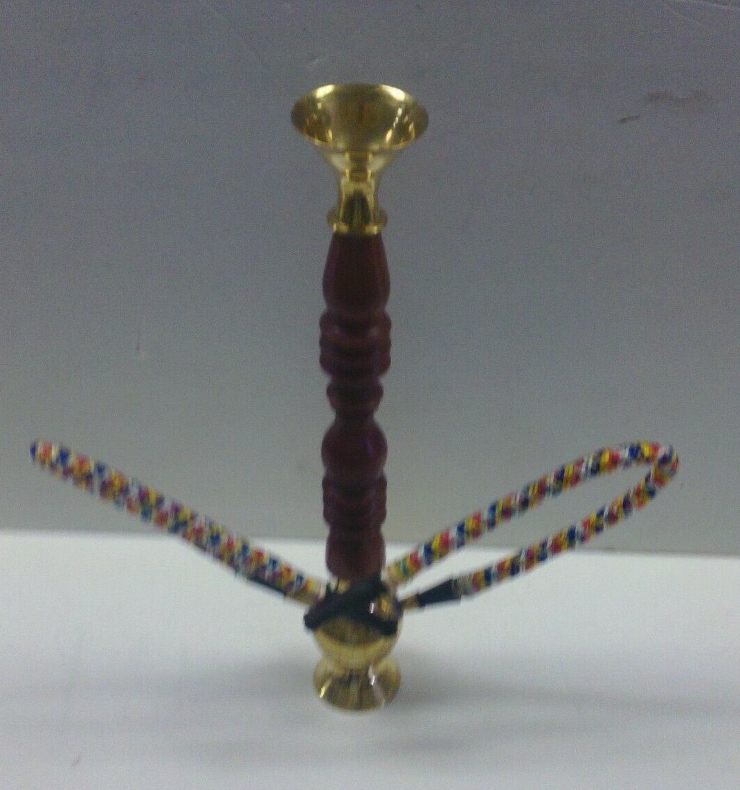 VINTAGE BRASS & WOOD 2 HOSES HOOKAH WATER PIPE 11&Prime; TALL BONG