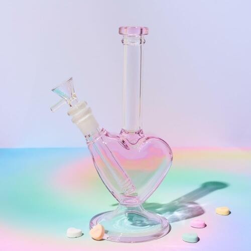 8&Prime; Pink Clear Thick Glass Heart Water Pipe Bong