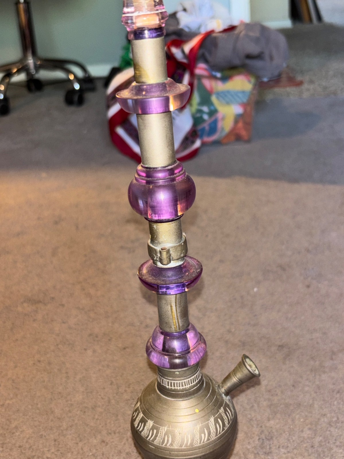 Vintage Indian Etched Brass and Purple Hookah Water Pipe Tobbaciana Missing Bowl