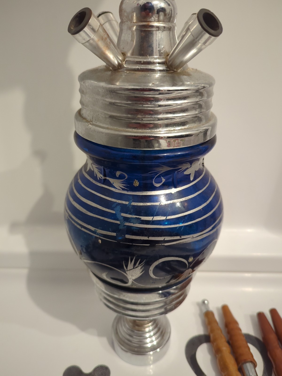 ✨USED✨ Large 30&Prime; Glass Hookah Shisha w/ 3 Separate Wood Handle Hoses