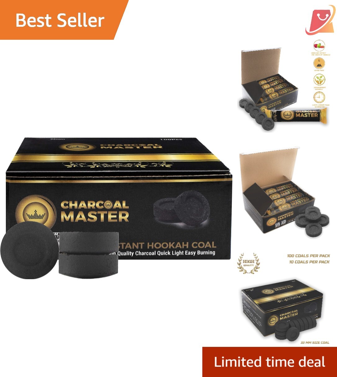 Hookah Charcoal Briquettes 33mm Instant Light 45 Min Burn Low Smoke 100 Pack