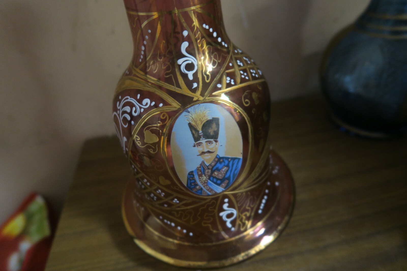 VINTAGE BOHEMIAN GLASS HAND PAINTED HOOKAH BASE BOTTLE QAJAR KINGS PORTRAIT