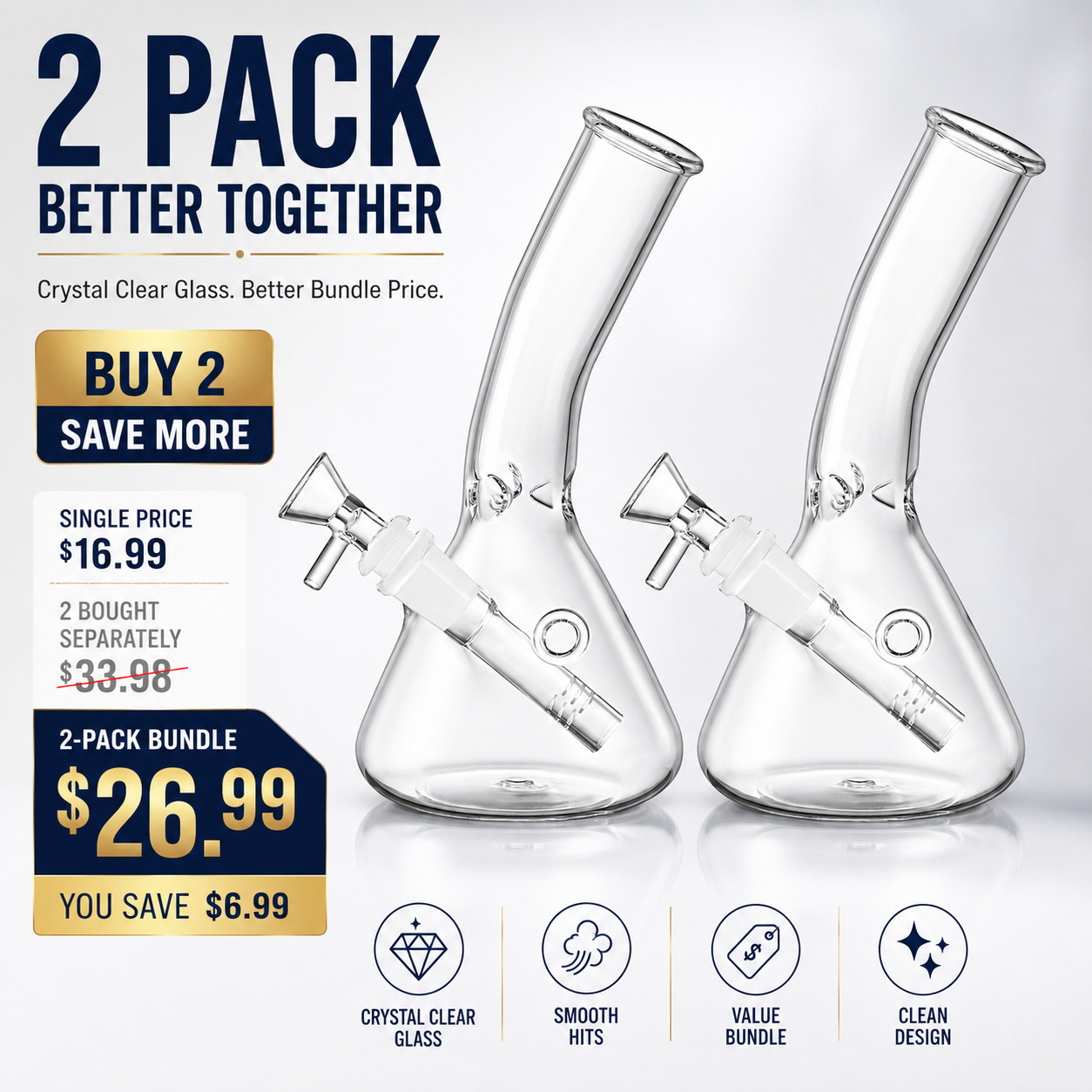2Pack 8in Glass Bong Heavy Water Pipe Smoking Beaker 14mm Bowl Hookah Screen
