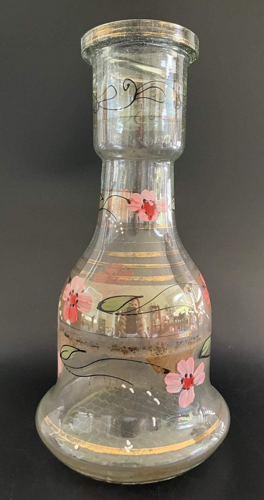 Vintage Bohemian Glass Hookah Vase Decanter Hand Painted Pink Flowers Black Gold