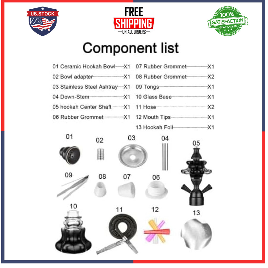 Hookah Set 14 Inch Shisha Complete Kit Glass Vase Leather Hose Ceramic Bowl Coal