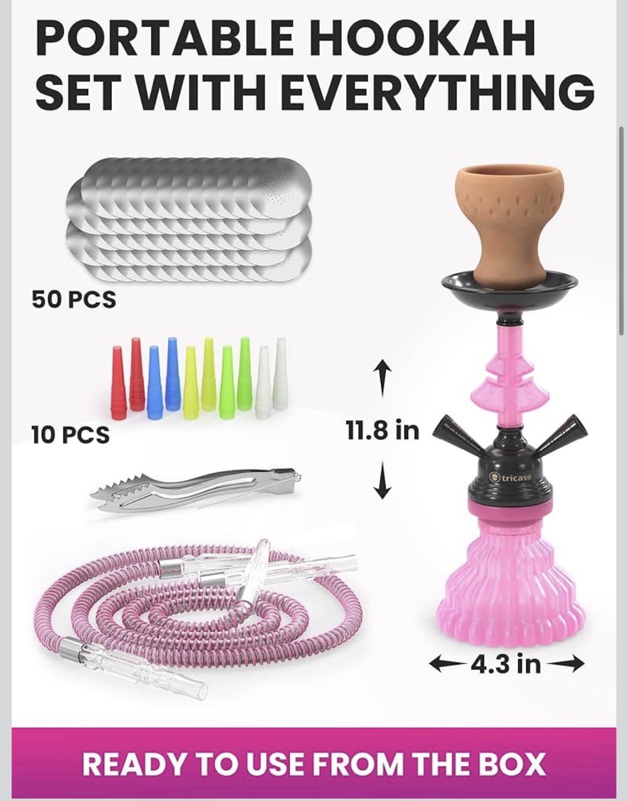 Pink Hookah Set 2 Hose Hookah – LilOne 12” Pink Sisha Set with Prepunched Foil