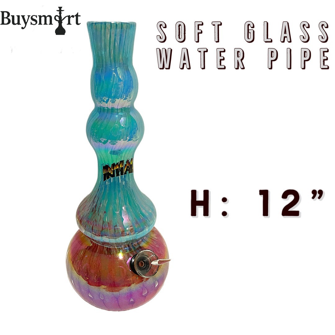 12&Prime; Aqua Pink Soft Glass Hookah Water Pipe 1-1/4&Prime; Wide Mouth Iridescent