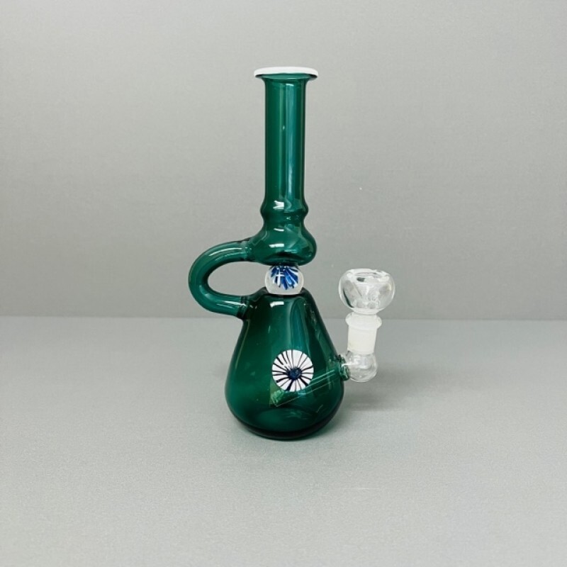 U-Neck Diffused Perc Glass Beaker Teal Water Pipe with Rotating Spinning Marble