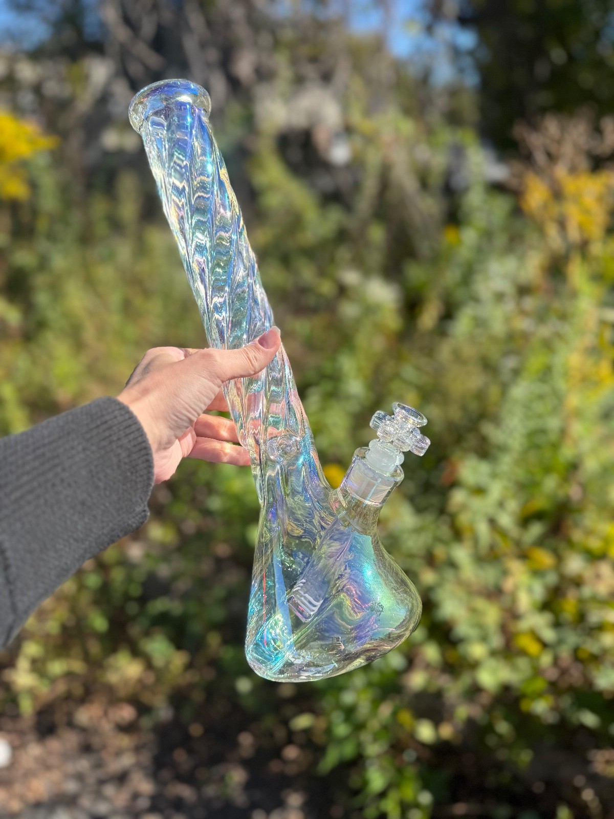 Hookah Water Pipe Glass 16” Iridescent Twisted Beaker Tobacco Bong W/Flower Bowl