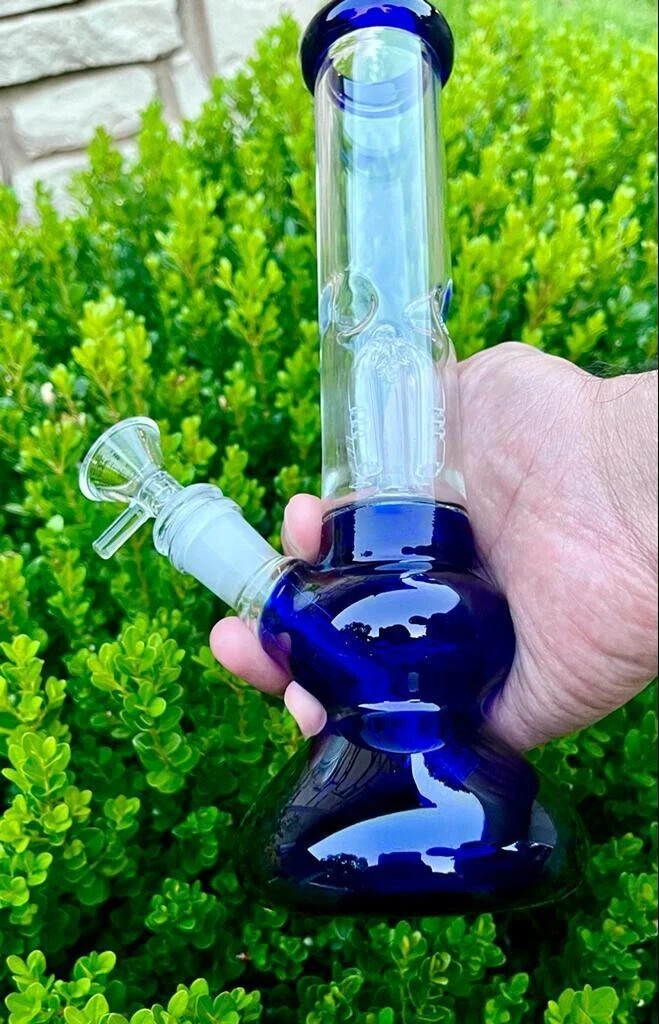 10&Prime; Dark Blue Glass Bong Arm Tree PERC Water Pipe Hookah Smoking Beaker W/Bowl