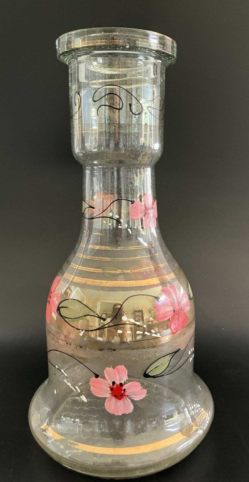 Vintage Bohemian Glass Hookah Vase Decanter Hand Painted Pink Flowers Black Gold