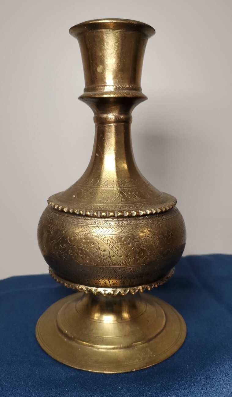 Antique Islamic Brass Hookah Base 18th Century Mughal Style Etched Carved Vase