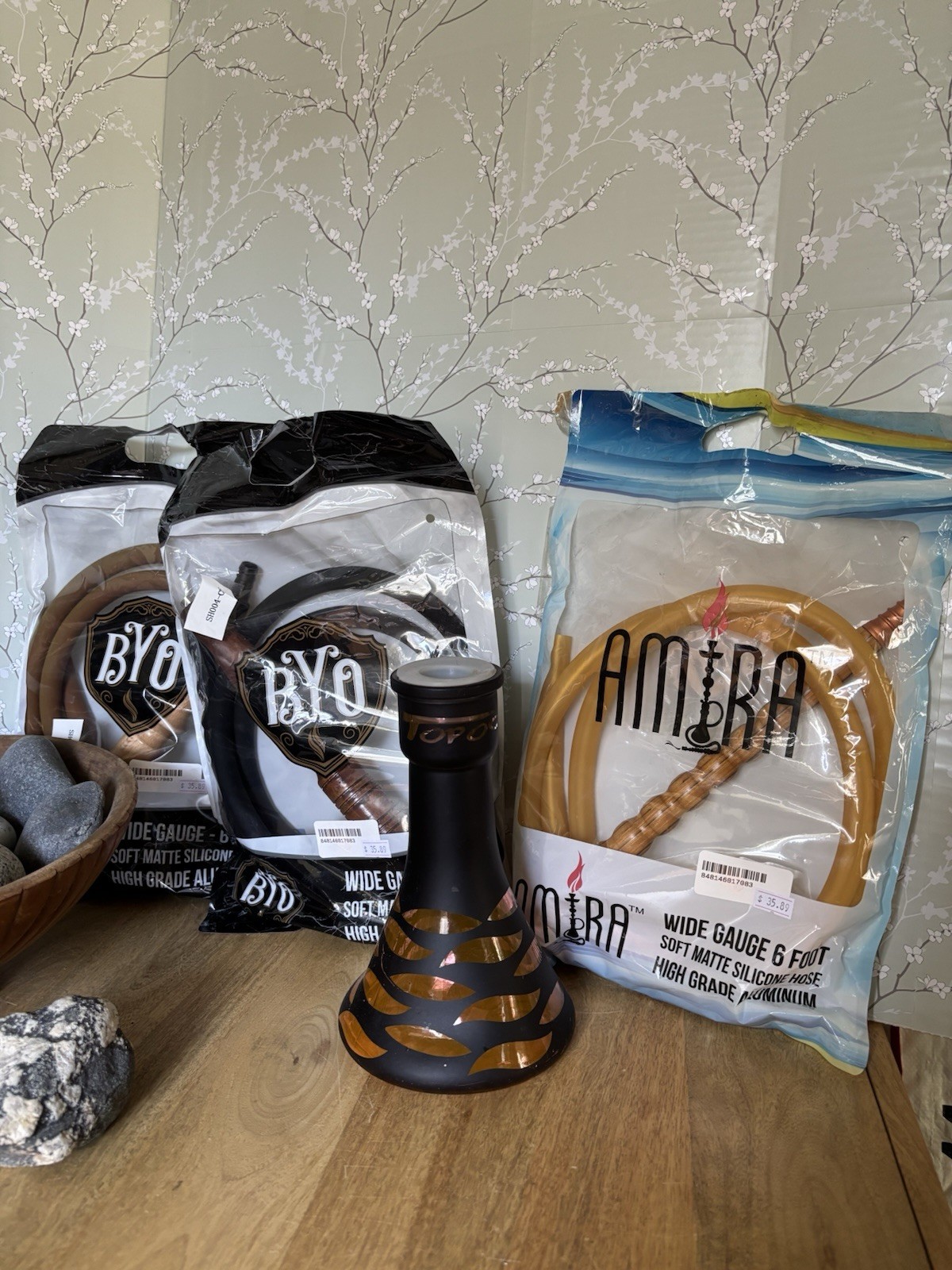 Lot Amber Brown Glass With Black Frosted Design Topos Hookah Base Vase & Hoses