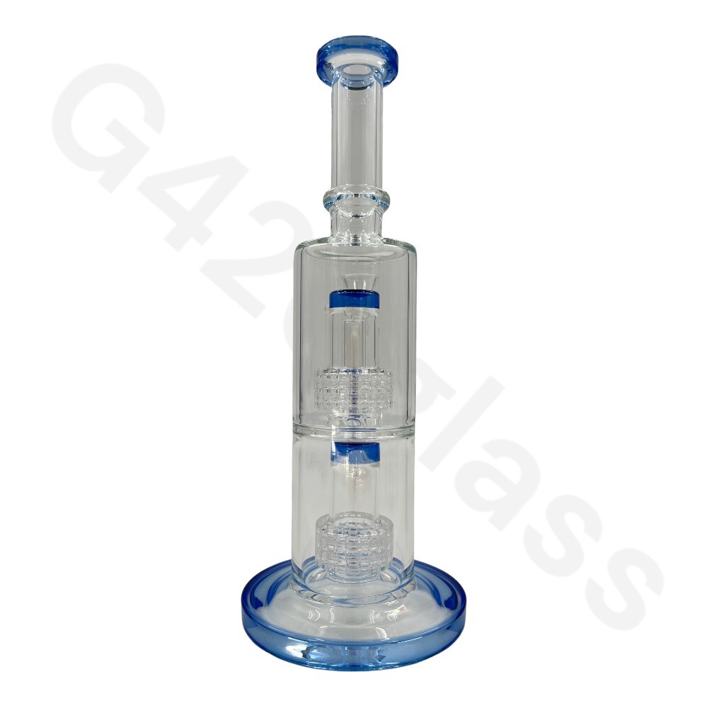 11&Prime; Glass Water Pipe Bong 5mm Thick Double Perc w/ Bowl – Blue or Green Color