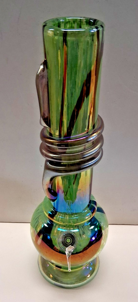 12&Prime; SOFT GLASS WATER PIPE BONG HOOKAH BUBBLE PULL BOWL CARB GREEN BLACK STRIPED