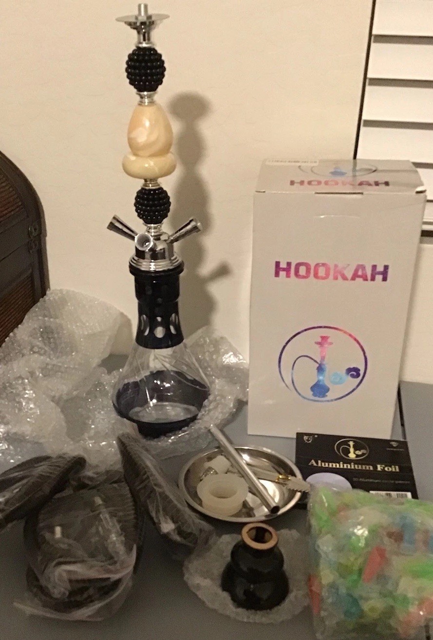 Hookah Glass & Ceramic Pipe Set with 4 Hoses, accessories – Black & White NEW