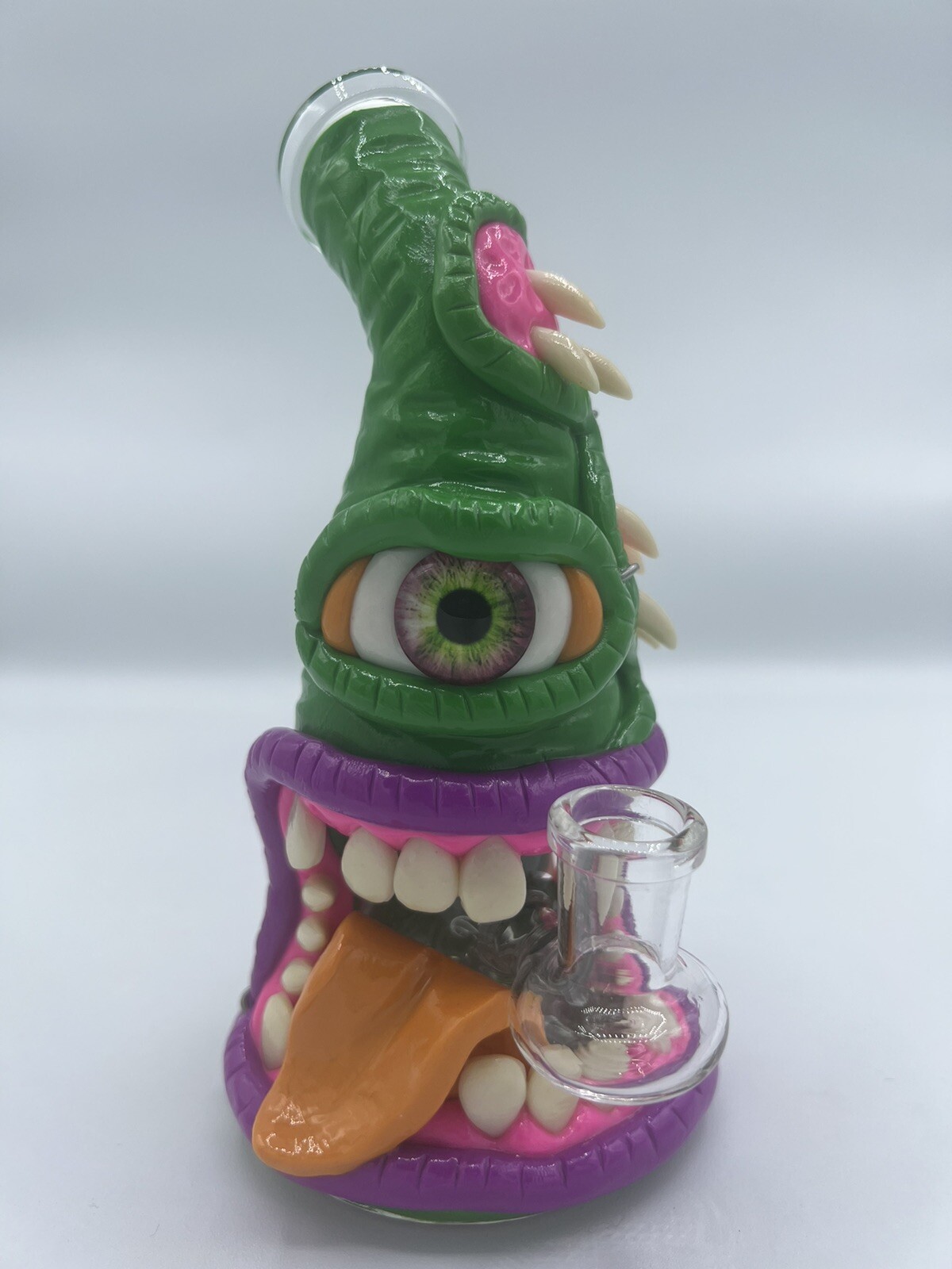 7&Prime; Green Monster Eye Colorful Thick Glass Bong Free Bowl Teeth Unique Color