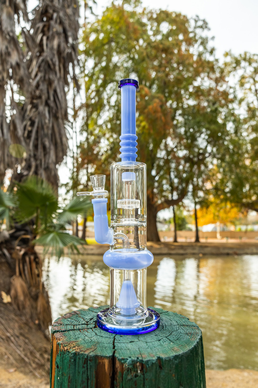 16&Prime; Hookah Water Pipe Blue Flat Base Double Percolator Bong