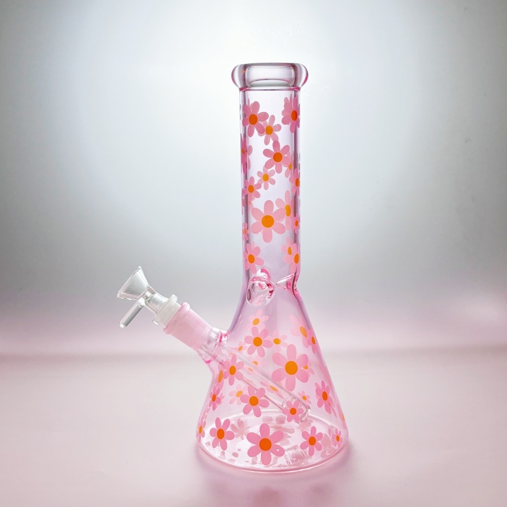 10&Prime; Pink Glass Bong Cute Daisy Smoking Beaker Water Pipe Girly Gift W/Bowl USA