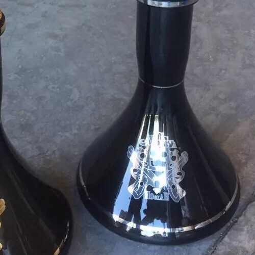 10 » Hand Blown Black Hookah Glass Vase With A Silver Logo And Trimmings