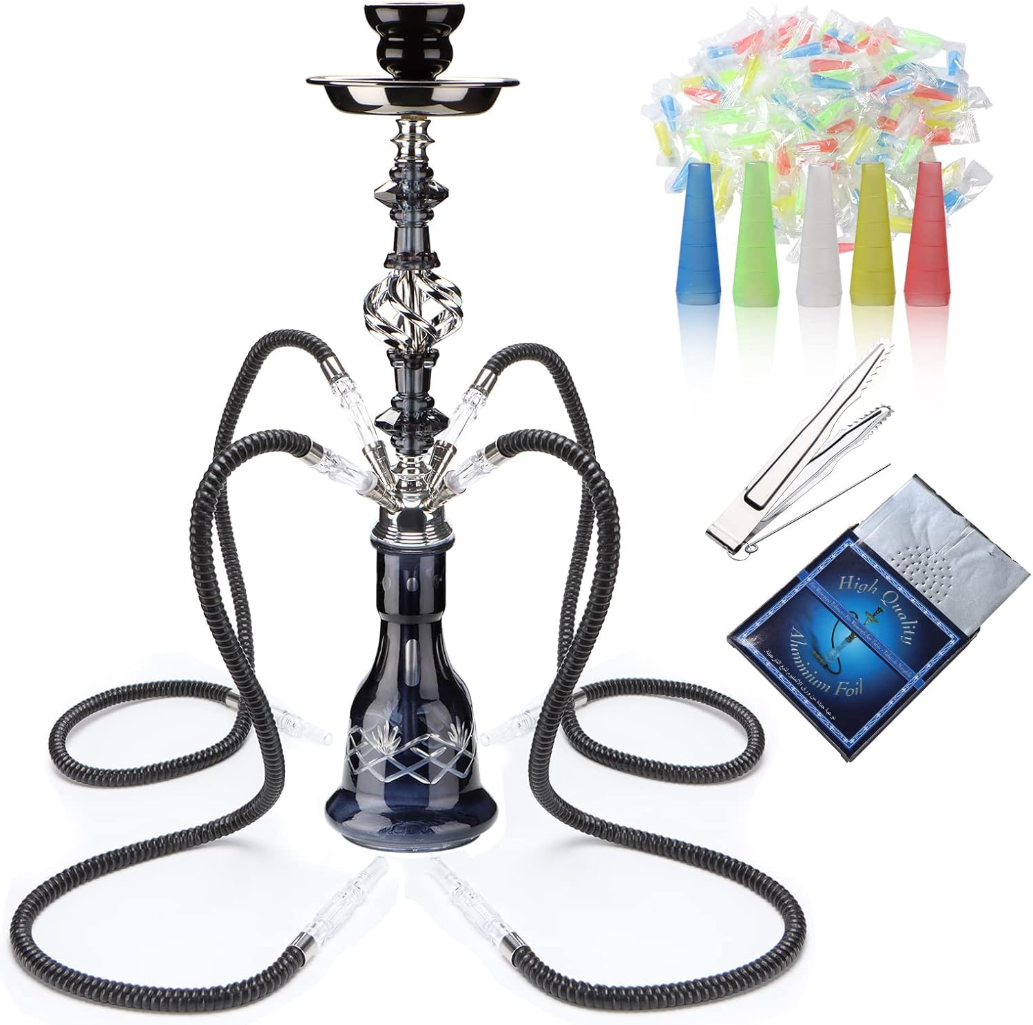 Hookah Set with Everything 4 Hose – 22&Prime; Premium Hookah Shisha Set with Glass Va