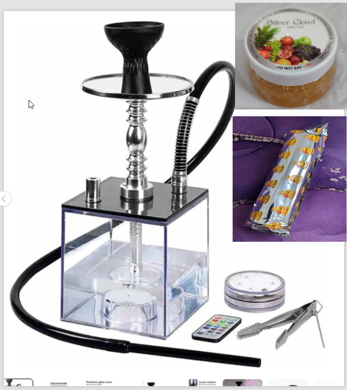 Hookah Starter package Cube Acrylic Hookah with Multicolor LED and more