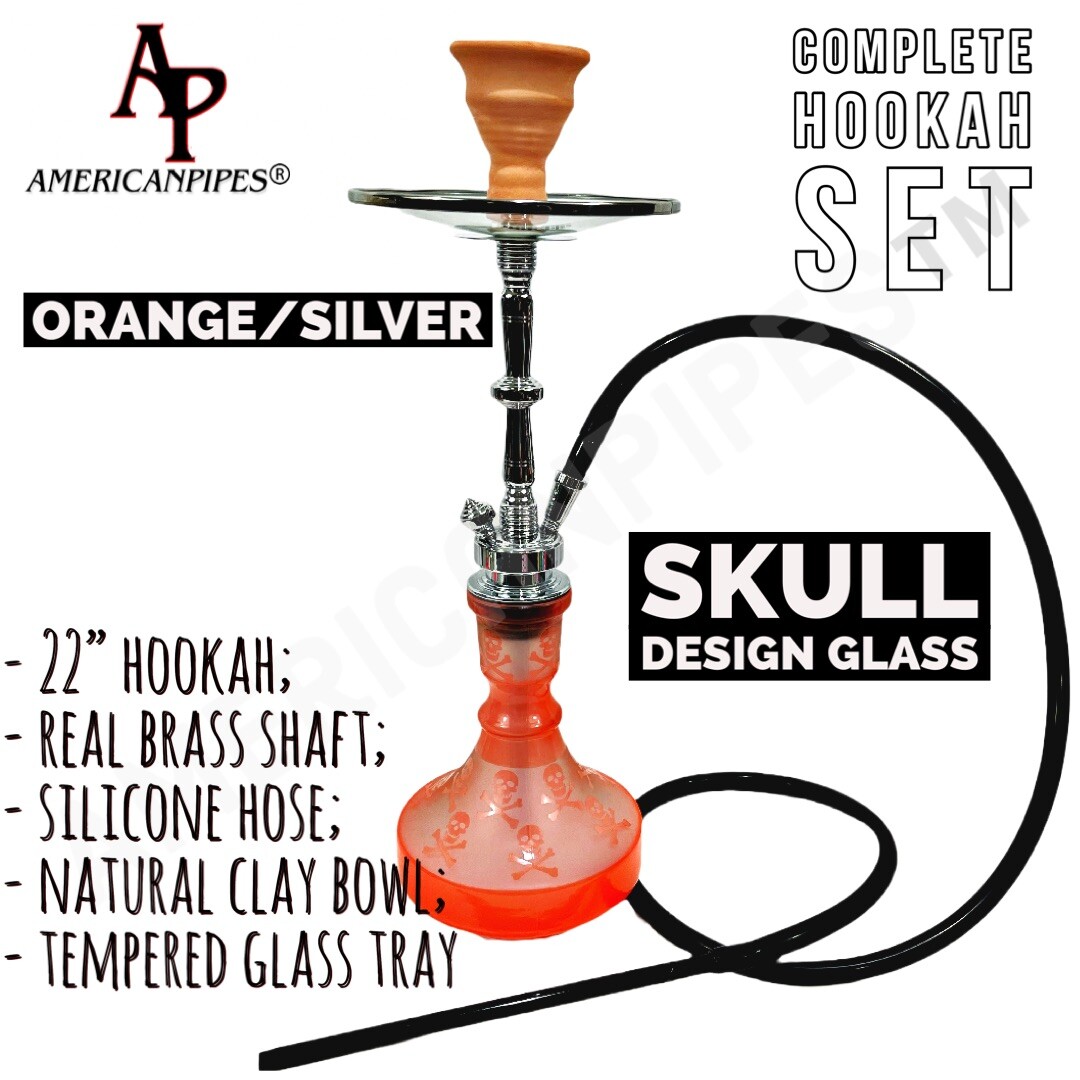 INHALE®️22” HOOKAH SOLID BRASS SHAFT, SKULL DESIGN, SILICONE HOSE, GLASS TRAY