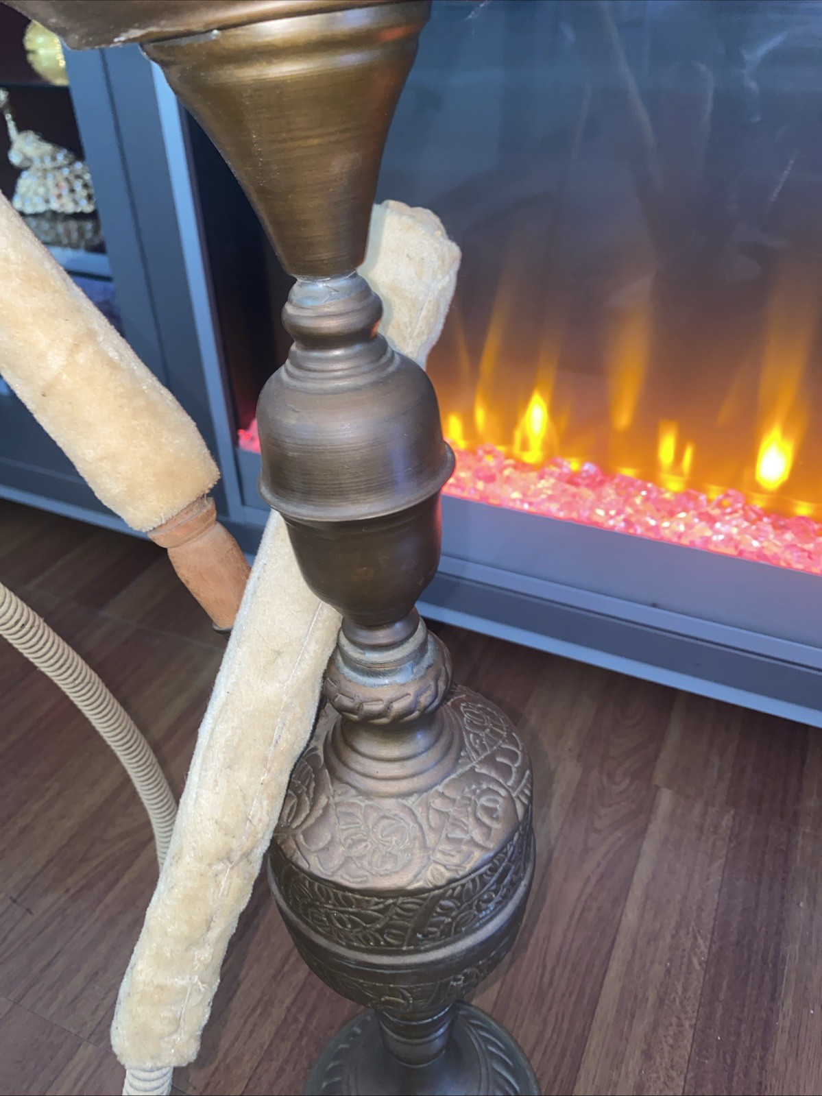 Antique Style Brass Hookah with Hose, Hand Engraved Collectible Decor Arabic