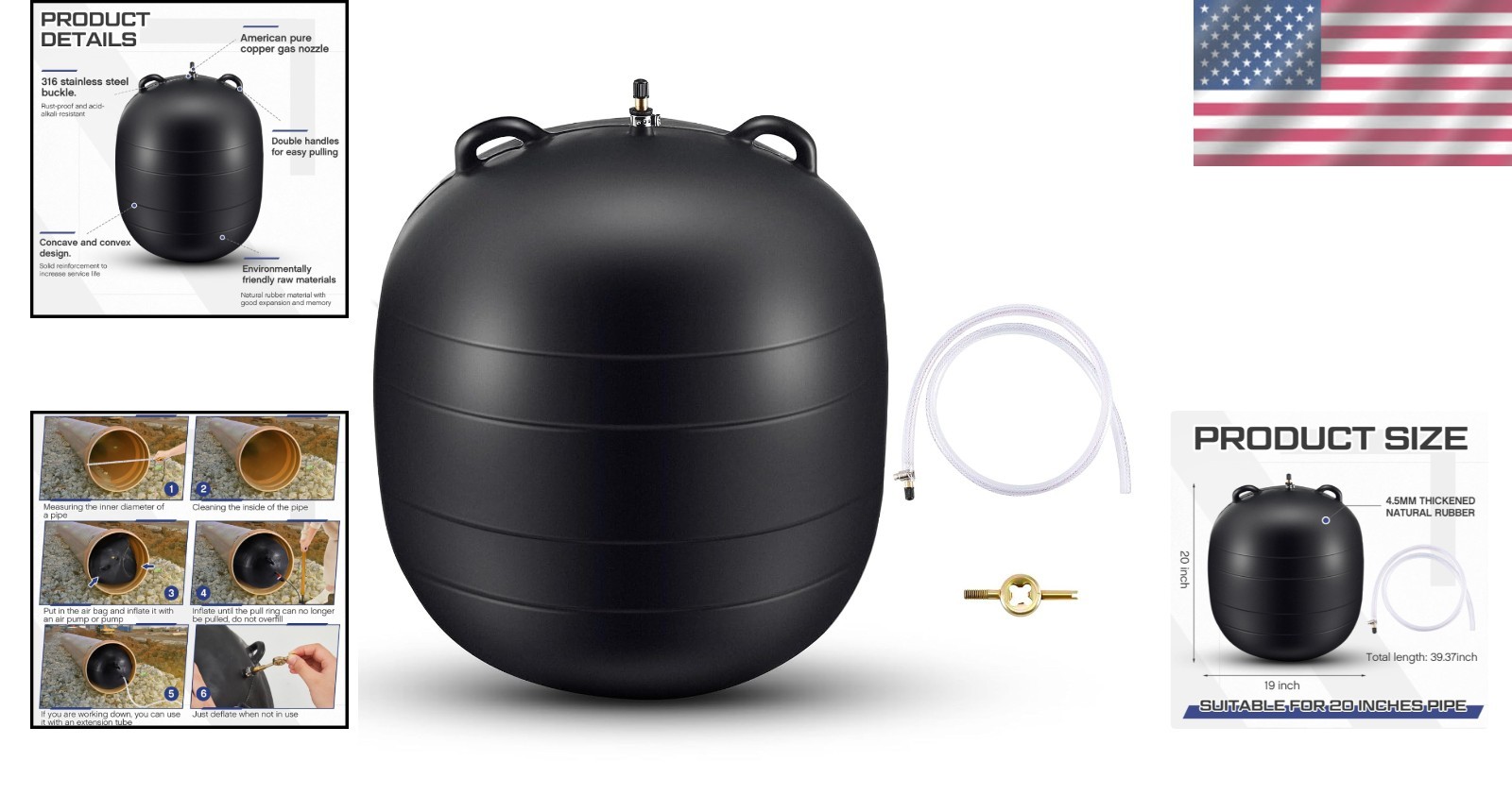 Heavy Duty 20&Prime; Rubber Sewer Plug – Inflatable Plumbing Balloon w/ 39&Prime; Hose
