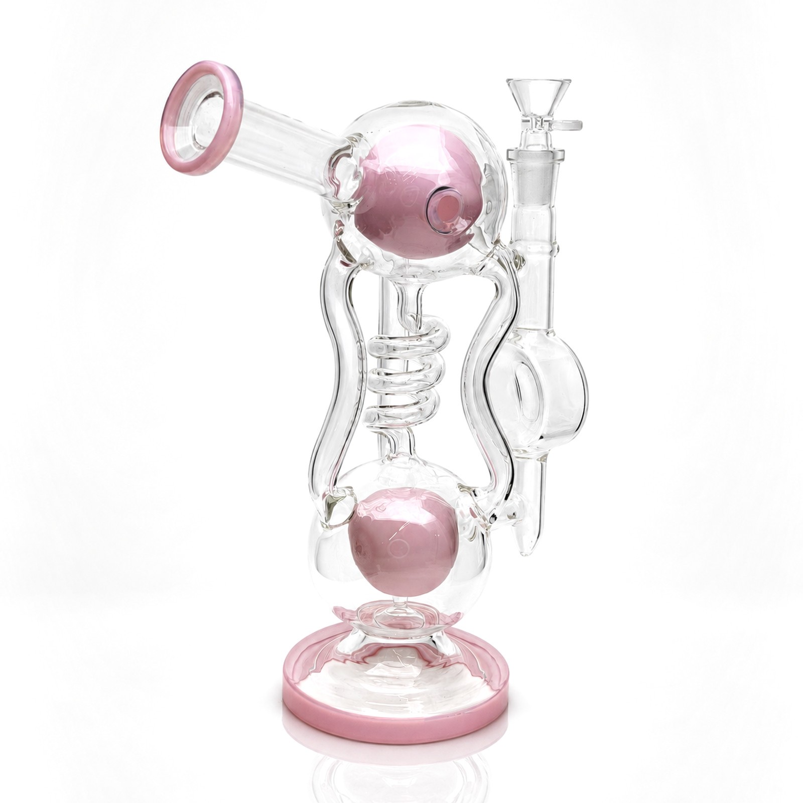 10.5&Prime; Pink Twin Orb Coil Recycler Bong Glass Water Pipe Smoking Hookah 14mm Bowl