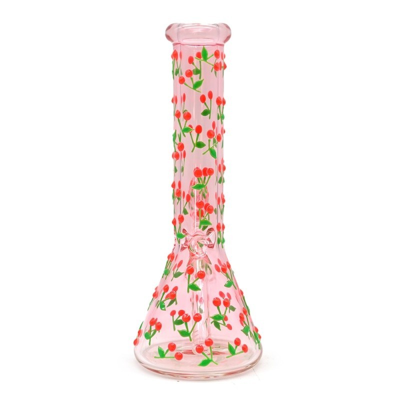 Pink 10&Prime; Cute Glass Bong Cherry Glow in the Dark Smoking Beaker Water Pipe Girly